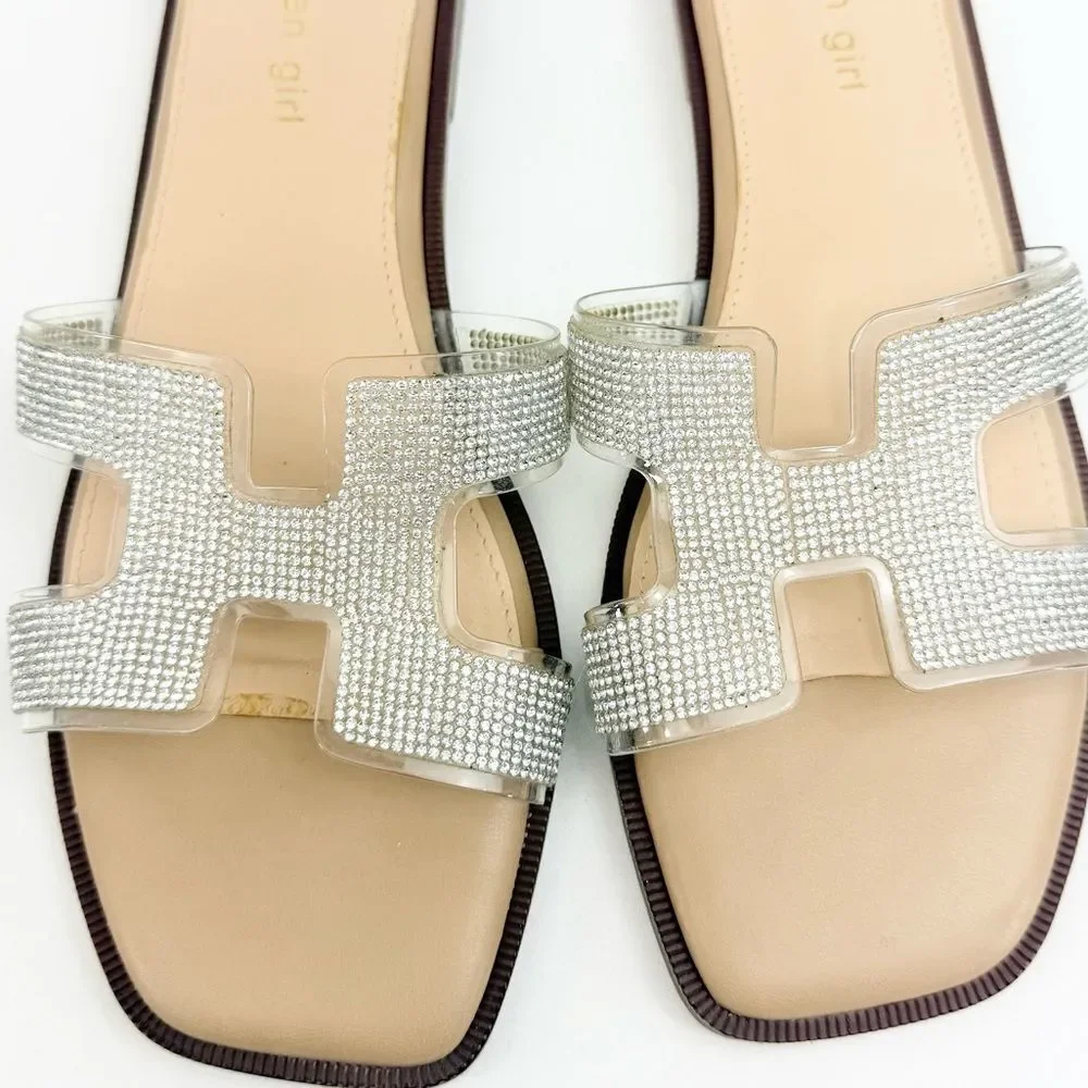 Madden Girl HAILEY Silver Rhinestone Sparkle H Strap Slip On Slide Sandals